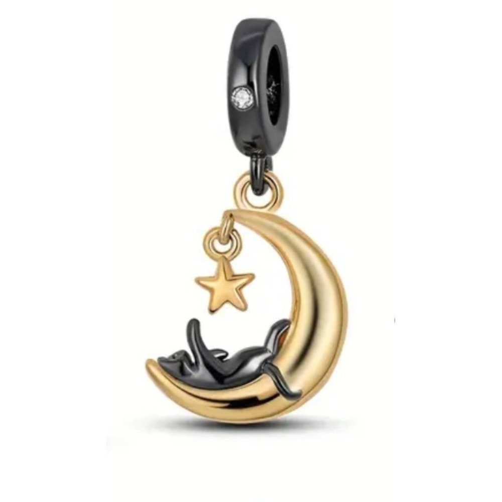 Cat Moon Charm Black Gold Celestial Bead Dangle Bracelet Jewelry Accessory